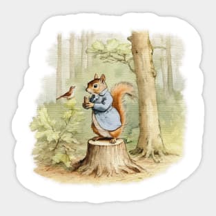 a squirrel and a bird in the woods Sticker